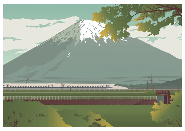 富士山と電車の旅の眺め。カラーベクトルフラット漫画イラスト — ストックベクタ