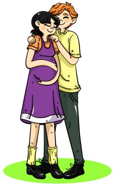 Hamile kadın ve koca. Beyaz arkaplanda izole edilmiş renkli düz çizgi film vektör çizimi.