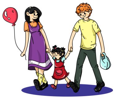 Mutlu aile el ele tutuşuyor. Ebeveynler ve küçük kız. Anne renkli bir balon tutuyor ve baba bir torba tutuyor. Beyaz arkaplanda izole edilmiş renkli düz çizgi film vektör çizimi.