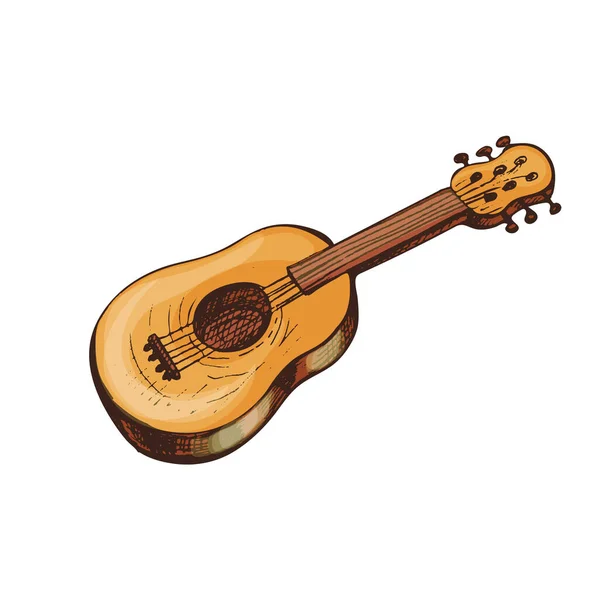 アコースティックギター ベクトルヴィンテージのハッチングカラーイラスト 白地に隔離された — ストックベクタ