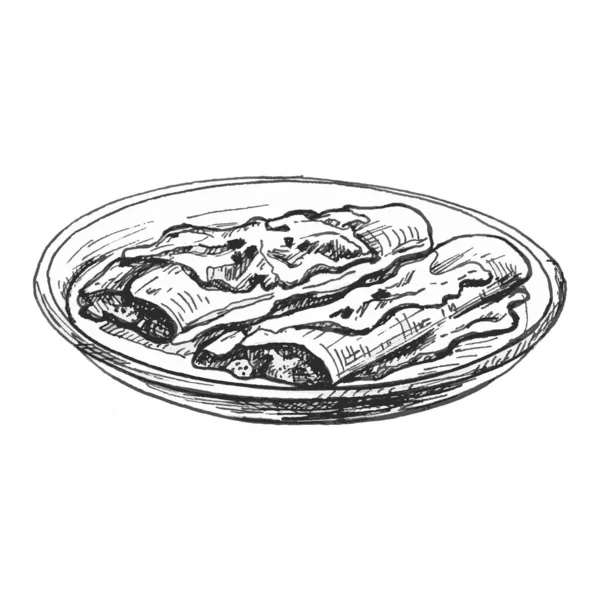 Энчилада в тарелке - мексиканская традиционная еда. Векторный винтажный штрих — стоковый вектор