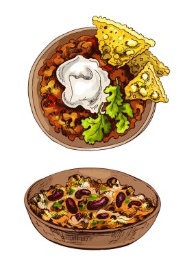 Kasede Chili con carne. Geleneksel Meksika yemekleri. Vektör vintage kuluçkadan çıkıyor