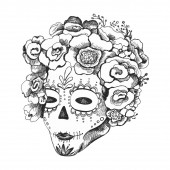 Картина, постер, плакат, фотообои "sugar skull girl. woman with skeleton makeup and roses flowers wreath. vector vintage gray hatching isolated on white. for poster mexican halloween, day of the dead, dia de los muertos day", артикул 439890332
