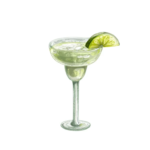 Alcohol cocktail margarita with slice lime. Vintage hatching illustration — Vector de stock