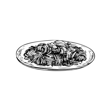Fried noodle on plate. Vintage vector hatching black hand drawn illustration isolated on white background