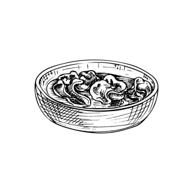 Wonton soup on plate. Vintage vector hatching black hand drawn illustration isolated on white background