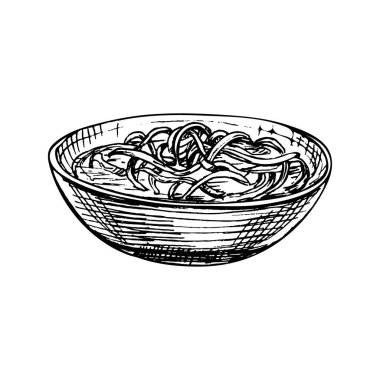 Noodle soup in plate. Vintage vector hatching black hand drawn illustration isolated on white background