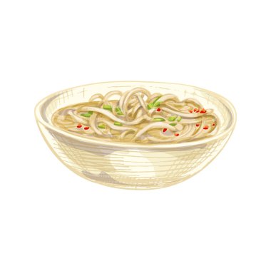 Noodle soup in plate. Vintage vector hatching color hand drawn illustration isolated