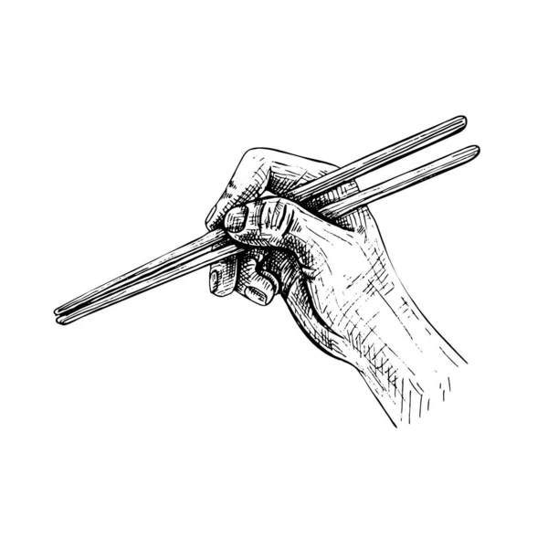 Kvinnlig Hand Med Ätpinnar Vintage Vektor Kläckning Svart Handritad Illustration — Stock vektor