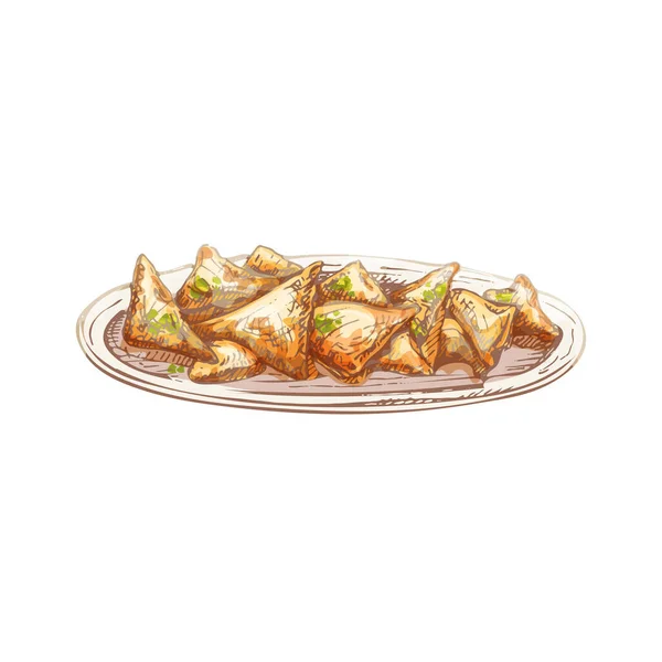 Wonton Frit Dans Assiette Vintage Vecteur Hachure Couleur Dessin Main — Image vectorielle