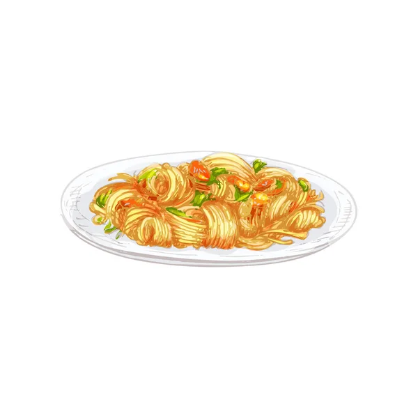 Fried noodle on plate. Vintage vector hatching hand drawn illustration isolated — Stock Vector
