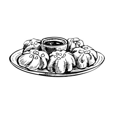 Tabağında sos olan Baozi. Beyaz arkaplanda izole edilmiş siyah elle çizilmiş vintage vektör kuluçkası