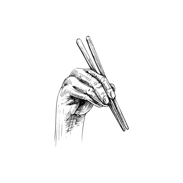Kvinnlig Hand Med Ätpinnar Vintage Vektor Kläckning Svart Illustration Isolerad — Stock vektor