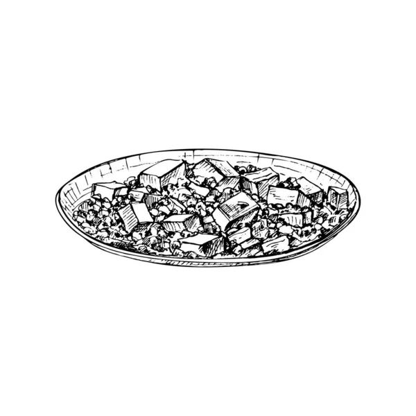 Tabakta Mapo tofu var. Beyaz arkaplanda izole edilmiş siyah elle çizilmiş vintage vektör kuluçkası