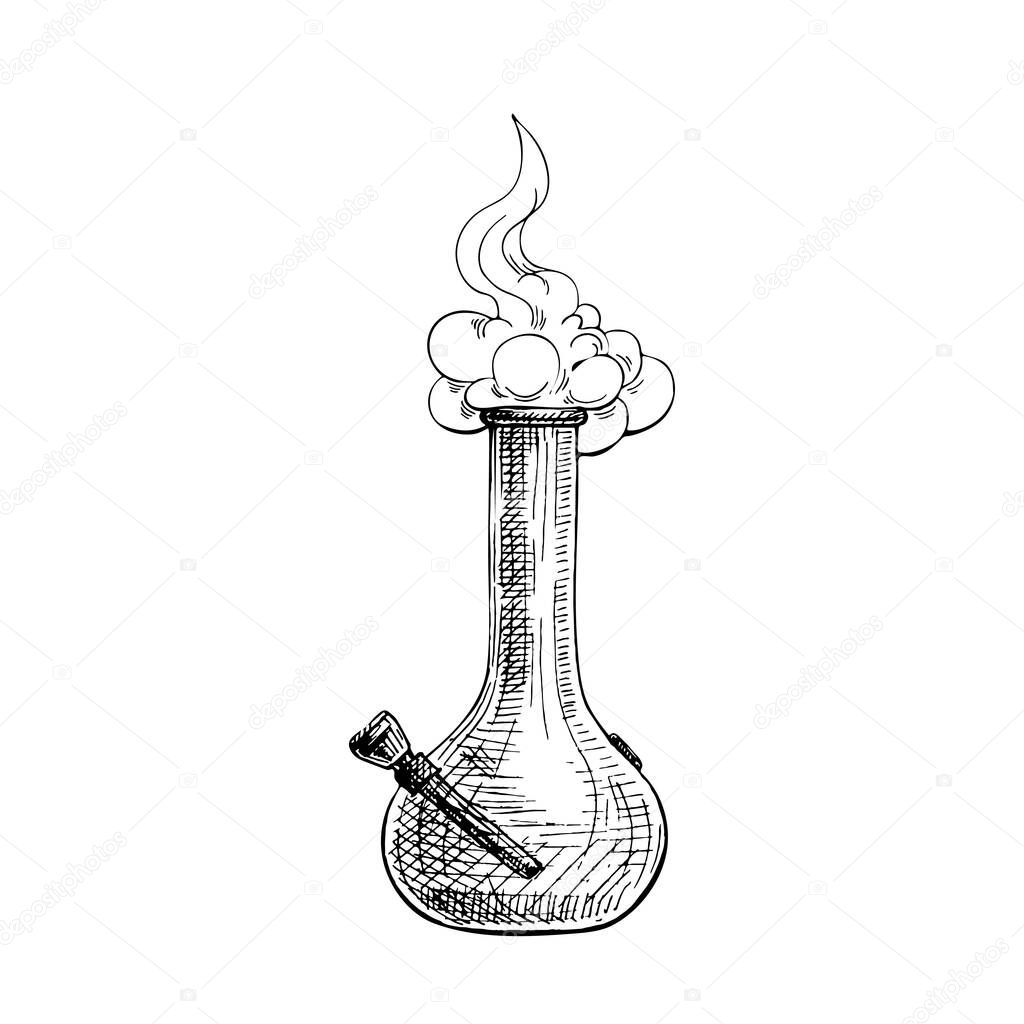 Bong with smoke. Hand drawn design element. Vintage vector hatching color hand drawn illustration isolated on white background