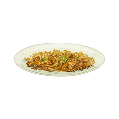 Tabakta Chow Mein. Beyaz arkaplanda izole edilmiş vintage taşıyıcı kuluçkaya yatma rengi çizimi