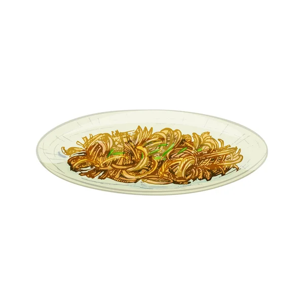 Chow Mein Dans Assiette Vintage Vecteur Hachure Couleur Dessin Main — Image vectorielle