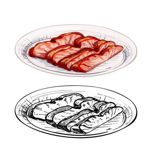 お皿の上のチャーシュー。ヴィンテージベクトルハッチング手描きイラスト孤立 — ストックベクタ