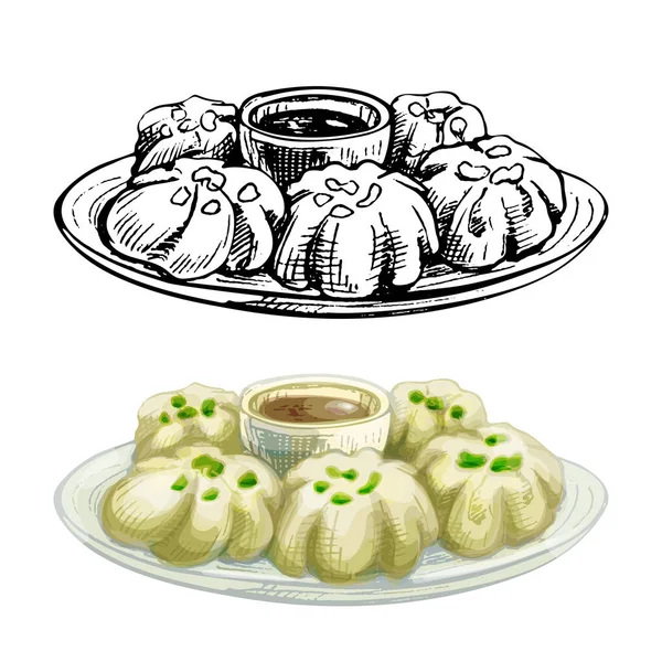 Baozi avec sauce dans l'assiette. Vintage vecteur éclosion illustration dessinée à la main isolé — Image vectorielle