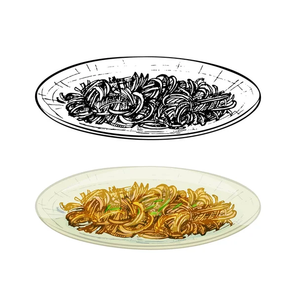 Chow mein on plate. Vintage vector hatching hand drawn illustration isolated — Stock Vector