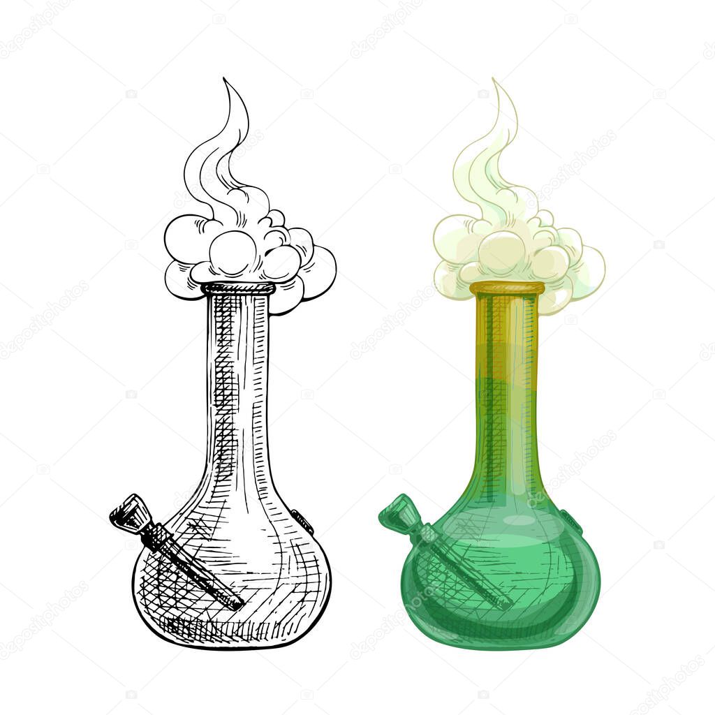 Bong with smoke. Vintage vector hatching hand drawn illustration