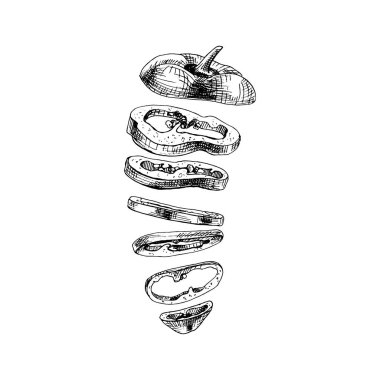 Uçan tatlı kırmızı dolma biber parçaları. Eski kuluçkadan çıkan siyah illüstrasyon.