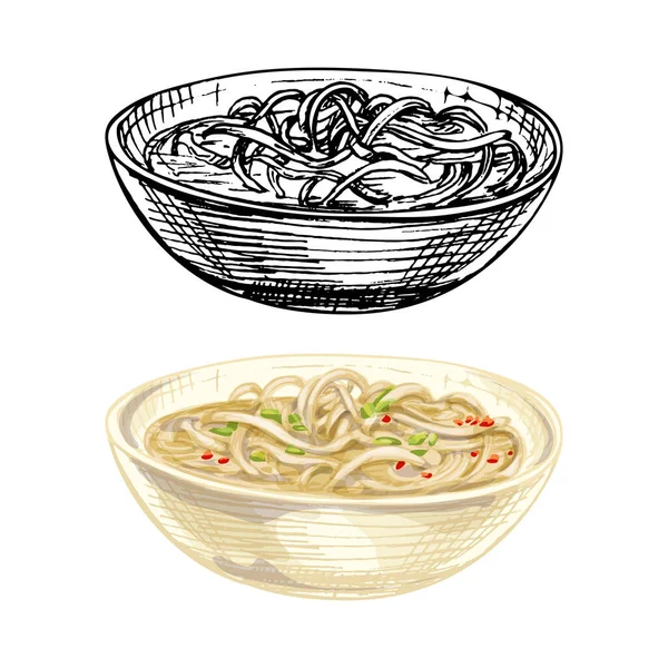 Soupe Nouilles Dans Une Assiette Vintage Vecteur Hachure Couleur Dessin — Image vectorielle