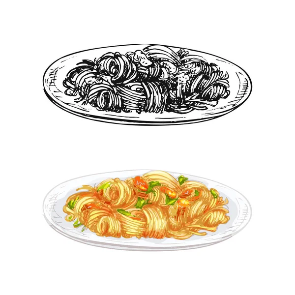 平底锅上的炒面 在白色背景上孤立的古埃及矢量孵化器彩色手绘插图 — 图库矢量图片