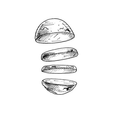 Uçan taze patates parçaları. Vector vintage kuluçkadan çıkan siyah illüstrasyon.