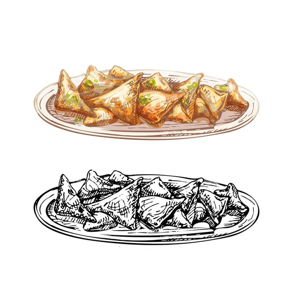 Wonton fritto sul piatto. Vintage vettore tratteggio disegnato a mano illustrazione isolato — Vettoriale Stock