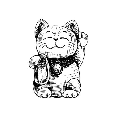 Maneki neko. Pençesi kalkık Japonya kedisi. Siyah tek renkli illüstrasyon üreten vintage vektör. Beyaz arka planda izole edilmiş. El çizimi tasarım mürekkebi