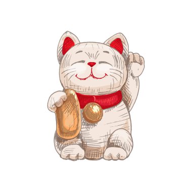 Maneki neko. Pençesi kalkık Japonya kedisi. Vintage taşıyıcı kuluçkaya yatma renk çizimi. Beyaz arka planda izole edilmiş. El çizimi tasarım mürekkebi