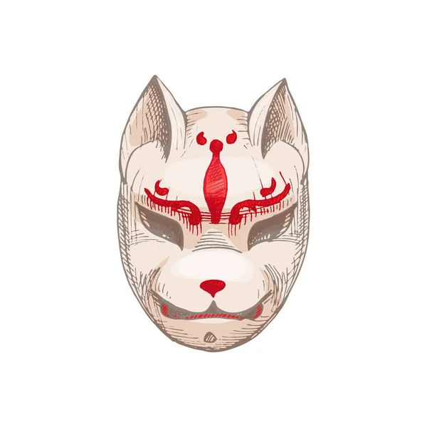 Japanese Kitsune Fox Mask Vintage Vector Hatching Color Illustration Isolated — Stock Vector