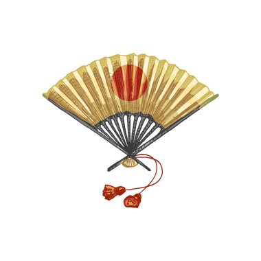 Japon kağıt vantilatörü. Vintage taşıyıcı kuluçkaya yatma renk çizimi. Beyaz arka planda izole edilmiş. El çizimi tasarım mürekkebi