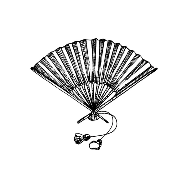 Japon kağıt vantilatörü. Siyah illüstrasyon üreten vintage vektör. Beyaz arka planda izole edilmiş. El çizimi tasarım mürekkebi