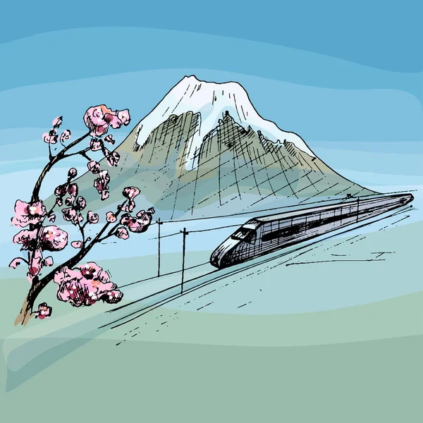 Vista Montaña Fuji Tren Viaje Con Carruajes Pasajeros Vector Vintage — Vector de stock