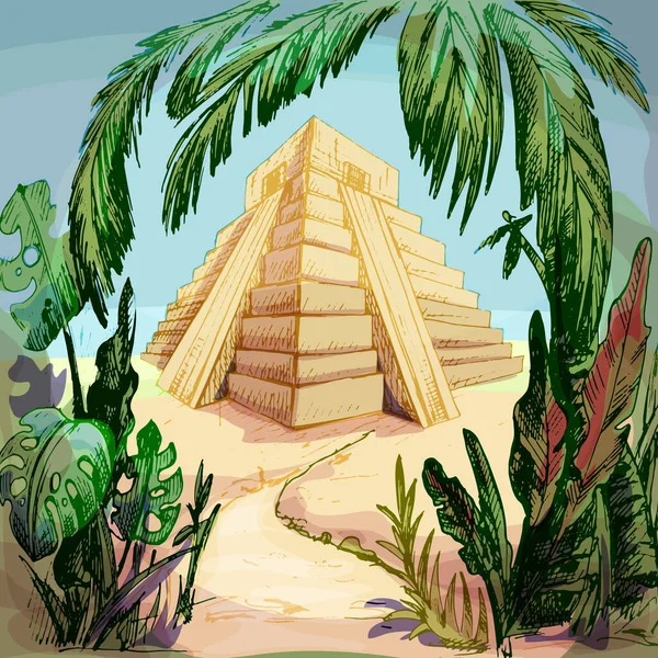 Пирамида Майя Джунглях Винтажная Цветовая Иллюстрация Векторного Штриховки Чернила Ручной — стоковый вектор