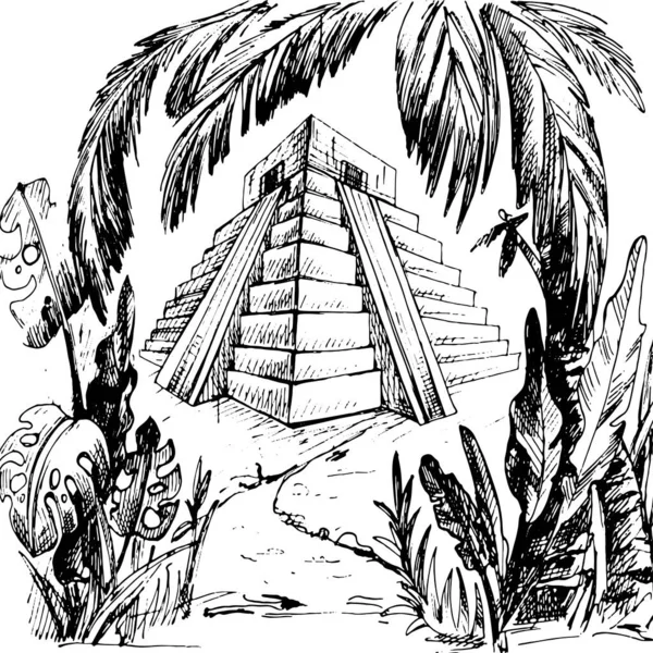 Pirâmide Maia Selva Vintage Vetor Eclosão Ilustração Preta Tinta Desenho — Vetor de Stock