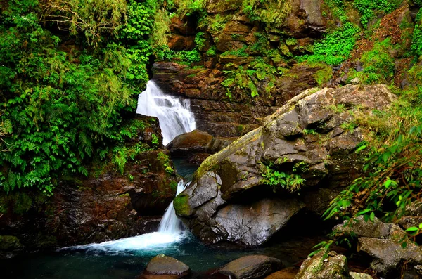 Dağlardan akan şelale kayaların arasından akar.