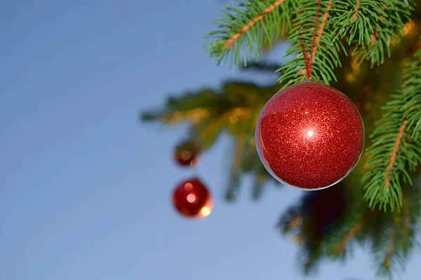 Een Tak Van Een Kerstboom Versierd Met Rode Ballen Buiten — Stockfoto