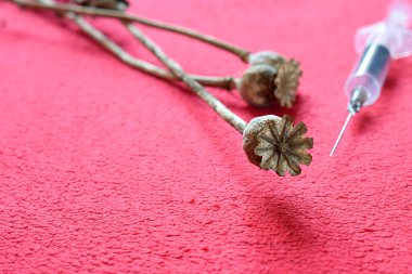 Kırmızı arka planda haşhaş kapsülleri ve tek kullanımlık şırınga.