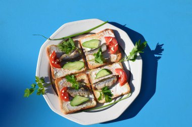 Peynirli, ringa balıklı ve sebzeli dört tost..