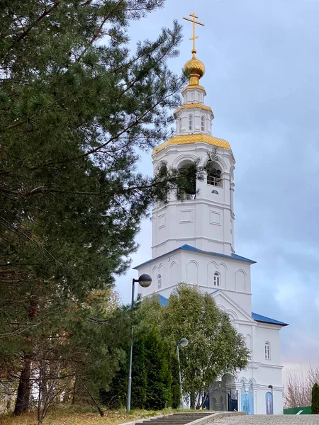 Dômes Avec Croix Chrétiennes Église Orthodoxe Russe Sur Fond Nuageux — Photo