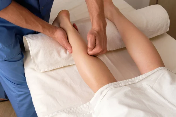 Masseur Dressed Uniform Makes Foot Massage His Client Sequence Elements — Stock Photo, Image