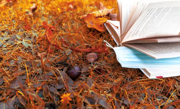 Book, mask and autumn leaves on the grass. Russia, October 2020