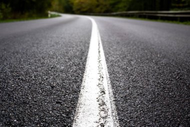 Çalılıkların arasından geçen boş bir yol. Asfaltta beyaz yol işaretleri.