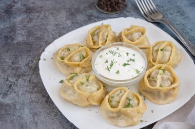 Manti ve kuzu etinin üst görüntüsü. Beyaz tabakta lezzetli Özbek köfteleri