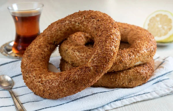 Petit Déjeuner Turc Traditionnel Bagel Rond Simit Avec Des Graines — Photo