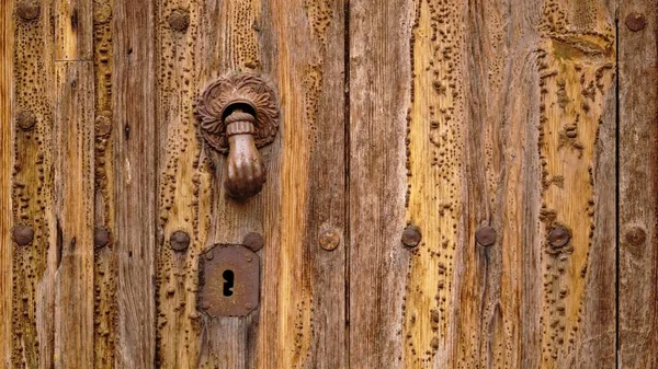 Kait Logam Berkarat Ornamental Pada Pintu Kayu — Stok Foto