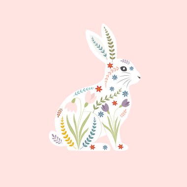 Renkli bahar çiçekleri ve botanik elementlerle dolu dekoratif beyaz tavşan silueti.